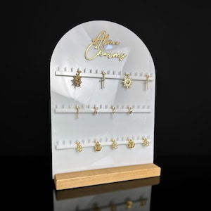 Charm bar acrylic stand, white jewelry display, Necklace, bracelet charms holder, Charm bar necklace stand with gold personalization,