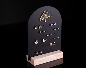 Personalized Acrylic Earring Stand, Jewelry Display, Oak Base