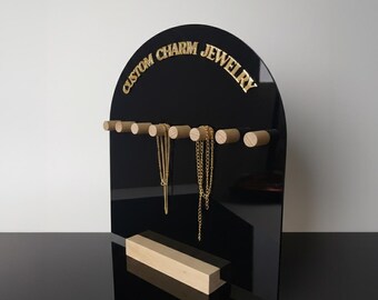 Personalized Black Matte or Glossy Acrylic Necklace Organizer with Wooden Pegs and Gold Text