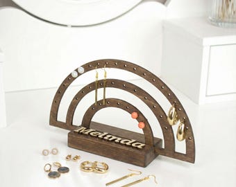 Handmade Rainbow Earring Holder, Wooden Jewelry Organizer, Personalized Stand