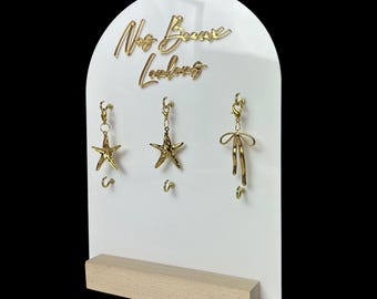 Personalized Acrylic Charm Display Stand – Gold Hooks, Oak Base
