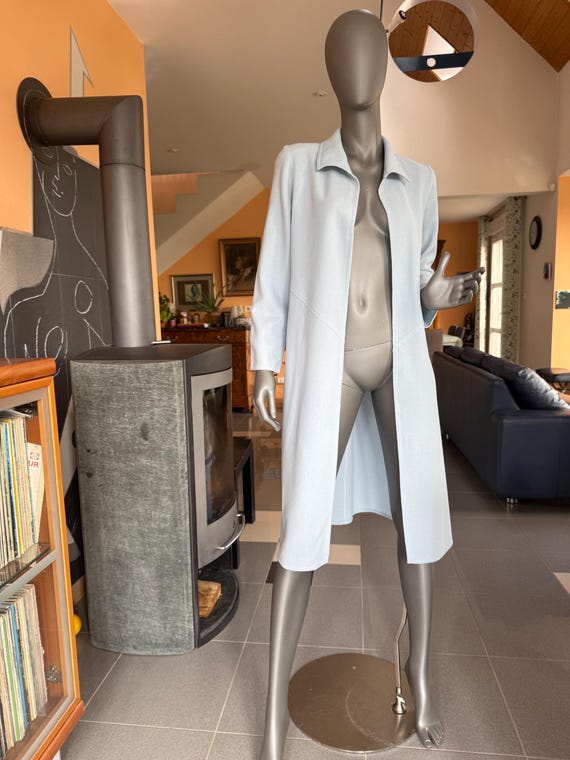 Jean Muir, 1970-80s Jean Muir Wool Coat Pale Blue Long Minimalist Designer Coat Made in England