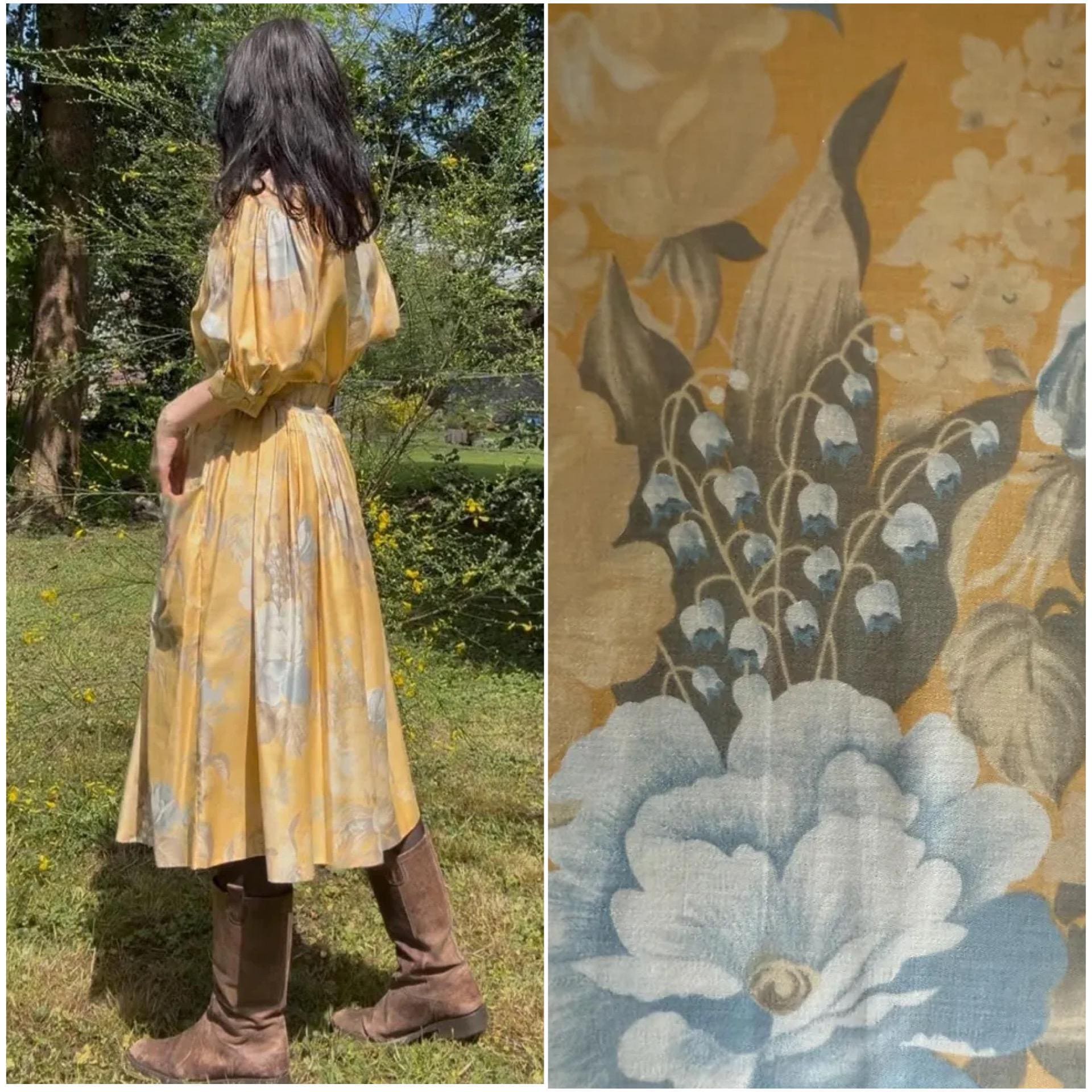 1980s Anastasia Paris by François Viannay yellow set, Lily of the valley print, skirt and puffy sleeves blouse, small / medium