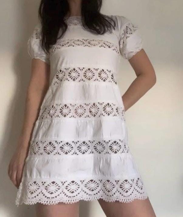 1967 Dorothe Bis White cotton minidress with Galler laces, balloon sleeves, xs / s 1967 Dorothe Bis White cotton minidress with Galler laces, balloon sleeves, xs / s