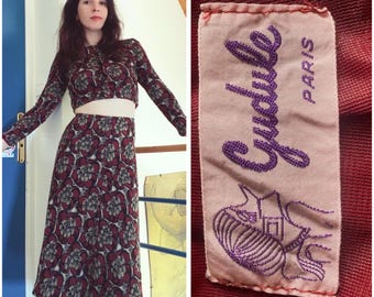 1971 Gudule Paris skirt and buttoned crop top, wool floral set, extra small