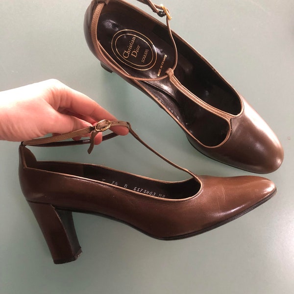 1970S Christian Dior Soulier brown leather Mary Jane heels, uk size 4.5 / 5