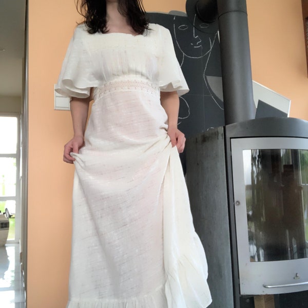 1970s Belle of my heart maxi dress, angel sleeves and lace, small / medium