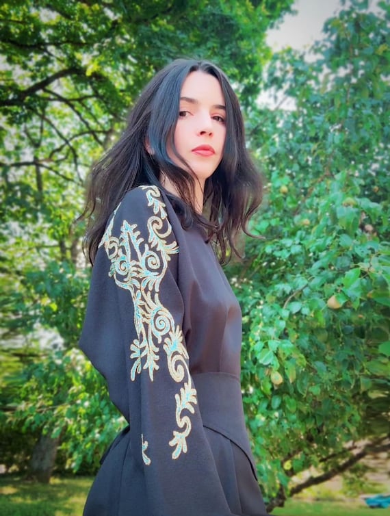 1970s La Boutiques Des Tuniques Franais Store Black Summer Dress Long Tunic Gold and Baby Blue Embroidered - With a Belt - Small to Large - Etsy 1970s La Boutiques Des Tuniques Franais Store Black Summer Dress Long Tunic Gold and Baby Blue Embroidered - With a Belt - Small to Large - Etsy