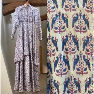 1970s Anna Belinda Oxford store collectible cotton voile maxi dress birds printed, buttoned back, high neck, long sleeves, silk, extra small