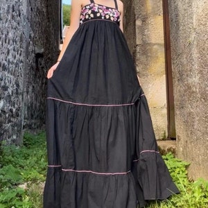 1970s Radley London Ossie Clark era embroidered black strap maxi dress, small