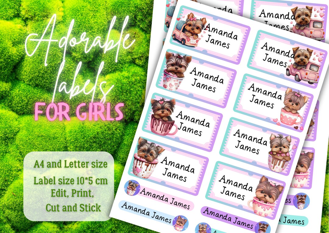 Printable Personalized School Labels for Girls With Cute Yorkshire ...