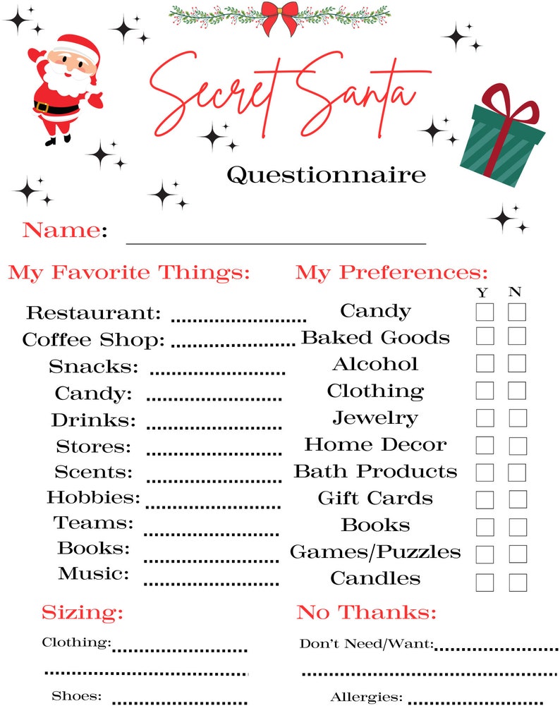 Secret Santa Questionnaire Printable Downloadable Instant Download Secret Santa Questionnaire Printable Downloadable Instant Download