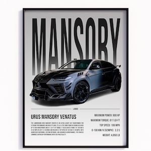 May include: A black Lamborghini Urus Mansory Venatus SUV with a black and gray interior. The car has a black body with a gray stripe running down the side. The car is sitting on a white background. The text "MANSORY" is written in large black letters at the top of the image. The text "LAMBO" is written in smaller black letters below the car. The text "URUS MANSORY VENATUS" is written in black letters below the car. The text "MAXIMUM POWER: 900 HP" is written in black letters below the car. The text "MAXIMUM TORQUE: 811 LB-FT" is written in black letters below the car. The text "TOP SPEED: 199 MPH" is written in black letters below the car. The text "0-100 KM/H (62MPH): 3.3 S" is written in black letters below the car. The text "WEIGHT: 4,850 LB" is written in black letters below the car.
