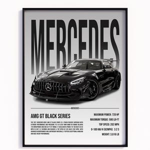 May include: A black Mercedes-AMG GT Black Series sports car with the text "MERCEDES" and "AMG GT BLACK SERIES" on the poster. The poster also includes the car's specifications, such as maximum power, torque, top speed, and weight.