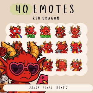 Cute Kawaii red dragon emote  bundle twitch, youtube, discord emotes, fantasy emotes,  trendy emotes, anime cartoon style,cutes dragons