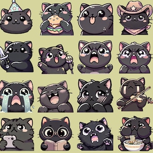 May include: A set of 16 black cat emoji stickers with different expressions, including a cat wearing a party hat, a cat eating a burger, a cat wearing a cowboy hat, a cat holding a sword, a cat singing karaoke, a cat crying, a cat playing the violin, a cat reading a book, a cat eating noodles, and more.