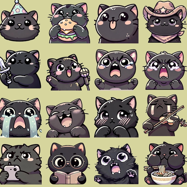 May include: A set of 16 black cat emoji stickers with different expressions, including a cat wearing a party hat, a cat eating a burger, a cat wearing a cowboy hat, a cat holding a sword, a cat singing karaoke, a cat crying, a cat playing the violin, a cat reading a book, a cat eating noodles, and more.