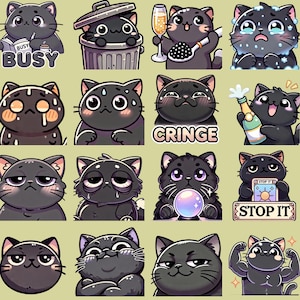 May include: A set of 12 black cat stickers with various expressions and poses. The stickers feature a variety of phrases, including "Busy", "Cringe", and "Stop It".