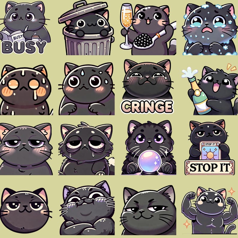 May include: A set of 12 black cat stickers with various expressions and poses. The stickers feature a variety of phrases, including "Busy", "Cringe", and "Stop It".