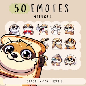 May include: A digital graphic showcasing meerkat emotes with diverse expressions. The text "50 Emotes Meerkat" is at the top. The image includes size dimensions: 28x28, 56x56, and 112x112.