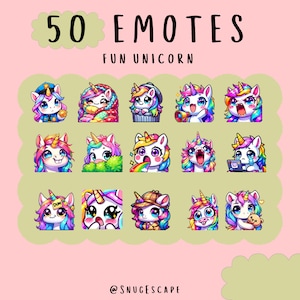 Bundle d'emotes licorne amusants Kawaii, contraction, youtube, emotes discorde, emotes licornes mignonnes, emotes tendance, style dessin animé anime, mythique