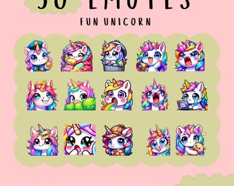 May include: A set of 50 colorful unicorn emojis with different expressions. The text "50 EMOTES FUN UNICORN" is at the top of the image. The text "@SNUGESCAPE" is at the bottom of the image.