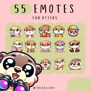 Fagotto di emote Kawaii con lontre divertenti, twitch, YouTube, emote di discordia, emote di lontre carine, emote alla moda, stile cartone animato anime, mitiche