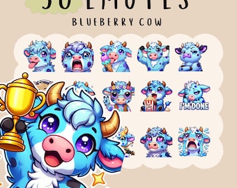 Adorable paquet d'emotes vache aux myrtilles, contraction, youtube, emotes discorde, emotes mignons veau joufflu, emotes tendance, animal mignon de style dessin animé anime