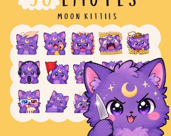 Purple Moon Kitten Emote Bundle: Kawaii Twitch, YouTube, Discord Graphics (Digital Download), Cat emotes
