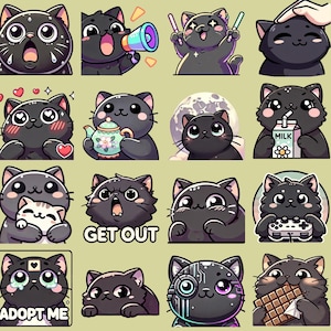 May include: A set of 16 digital stickers featuring black cats in various poses and expressions. The stickers include phrases like "Get Out", "Adopt Me", and "Milk".