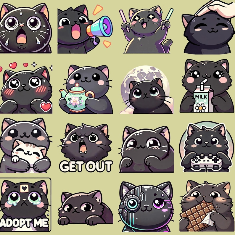 May include: A set of 16 digital stickers featuring black cats in various poses and expressions. The stickers include phrases like "Get Out", "Adopt Me", and "Milk".
