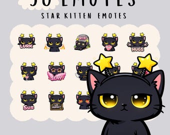 Cute Kawaii black cat emote  bundle twitch, youtube, discord emotes, kitty emotes,  trendy emotes, anime cartoon style, cutesie animals