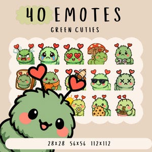 May include: A set of 40 green caterpillar emotes with different expressions, each with red heart antennae. The text "40 Emotes Green Cuties" is at the top, with size dimensions at the bottom.