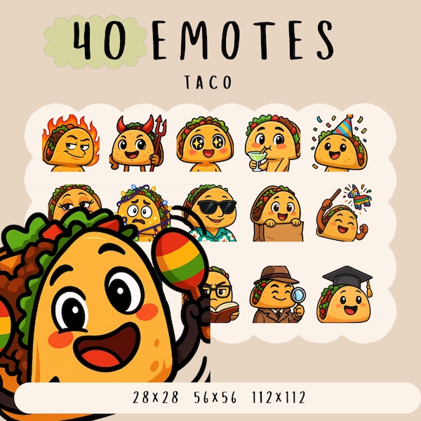 Cute kawaii taco emote  bundle twitch, youtube, discord emotes, funny taco emotes,  trendy emotes, anime cartoon style,cutesie animals