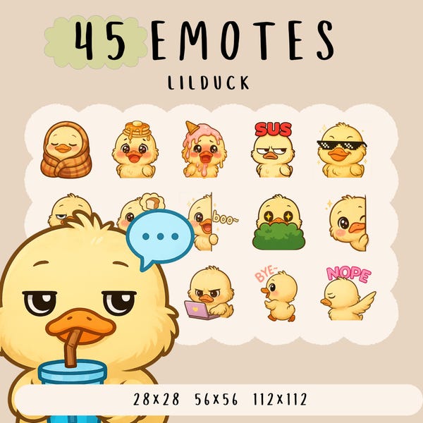 Cute yellow duckling emote  bundle twitch, youtube, discord emotes, animal animal emotes,  trendy emote, anime cartoon style, cutesie duck