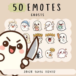 Śliczny Kawaii słodki biały duch emotikon pakiet twitch, youtube, discord emotikony, śliczne nadprzyrodzone emotikony, modne emotikony, styl kreskówki anime