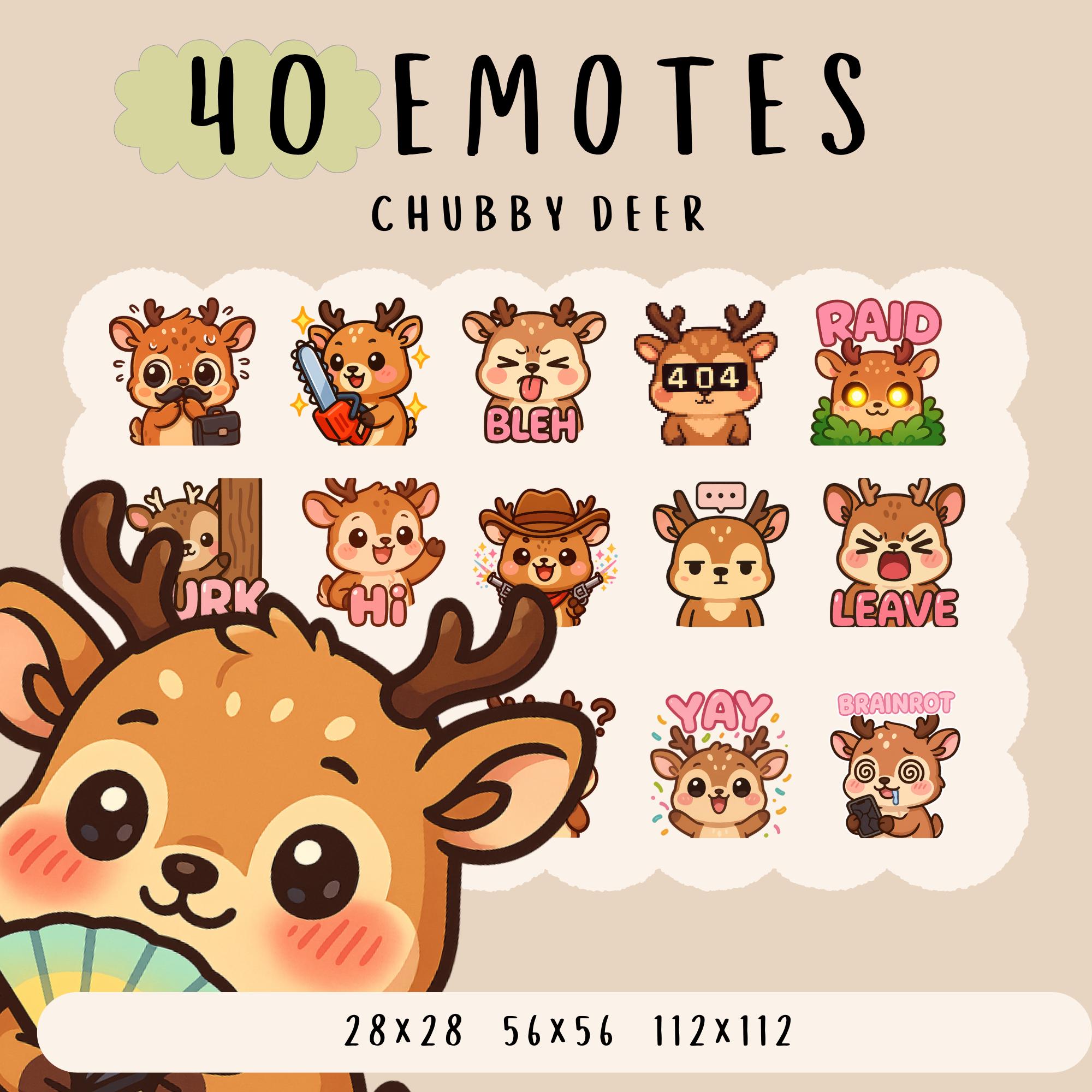 Cute Kawaii cute chubby deer emote  bundle twitch, youtube, discord emotes, cute forest fawn emotes,  trendy emote, anime cartoon style