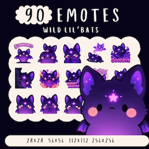 May include: A digital collection of 90 emotes titled Wild Lil' Bats, featuring purple bat characters with glowing star foreheads. The set includes various expressions and actions, with sizes listed as 28x28, 56x56, 112x112, and 256x256 pixels.