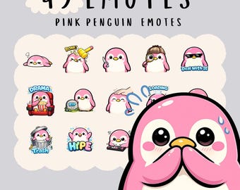 Kawaii bubblegum pink Penguin Emotes: Twitch, YouTube, Discord Bundle