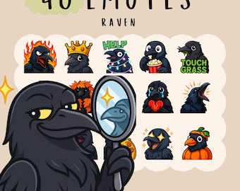 Cute black raven emote  bundle twitch, youtube, discord emotes, cute raven emotes,  trendy emotes, anime cartoon style,cutesie animals