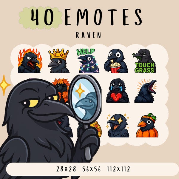 Cute black raven emote  bundle twitch, youtube, discord emotes, cute raven emotes,  trendy emotes, anime cartoon style,cutesie animals