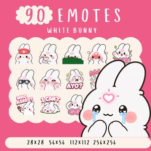 May include: A digital collection of 90 white bunny emotes featuring various expressions and actions. The text 90 EMOTES WHITE BUNNY is displayed at the top, with sizes 28x28, 56x56, 112x112, and 256x256 listed at the bottom of the pink background.