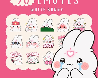Cute White Bunny Emotes Pack, Kawaii Rabbit Twitch Emotes, Funny Meme Emotes for Discord YouTube Kick, Instant Download