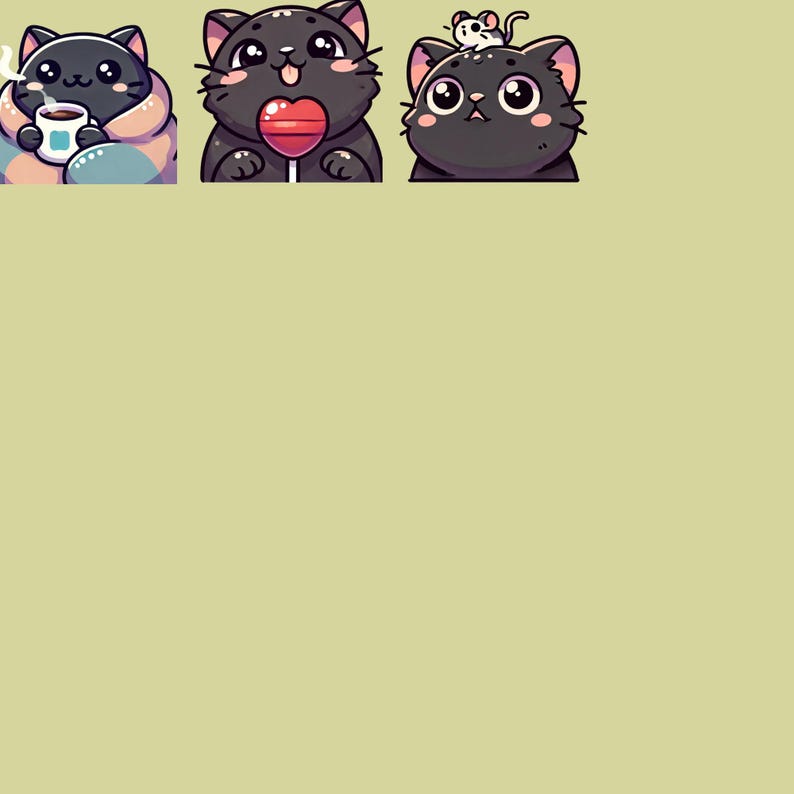 May include: Three black cat cartoon illustrations. The first cat is wearing a blue and white scarf and holding a cup of coffee. The second cat is holding a red lollipop. The third cat has a small white mouse on its head.