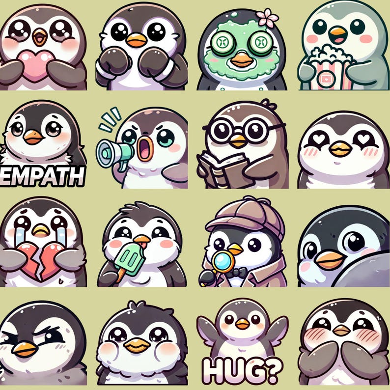 May include: A set of 12 penguin stickers with different expressions and actions. The stickers feature a variety of colors, including black, white, blue, green, and red. The stickers are perfect for adding a touch of fun to your laptop, phone, or planner.