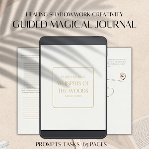 Puede incluir: Una portada de diario digital con un diseño dorado y blanco. El título es "Diario Guiado Susurros del Bosque Viaje Interior". La portada está en la pantalla de una tableta con un fondo blanco.