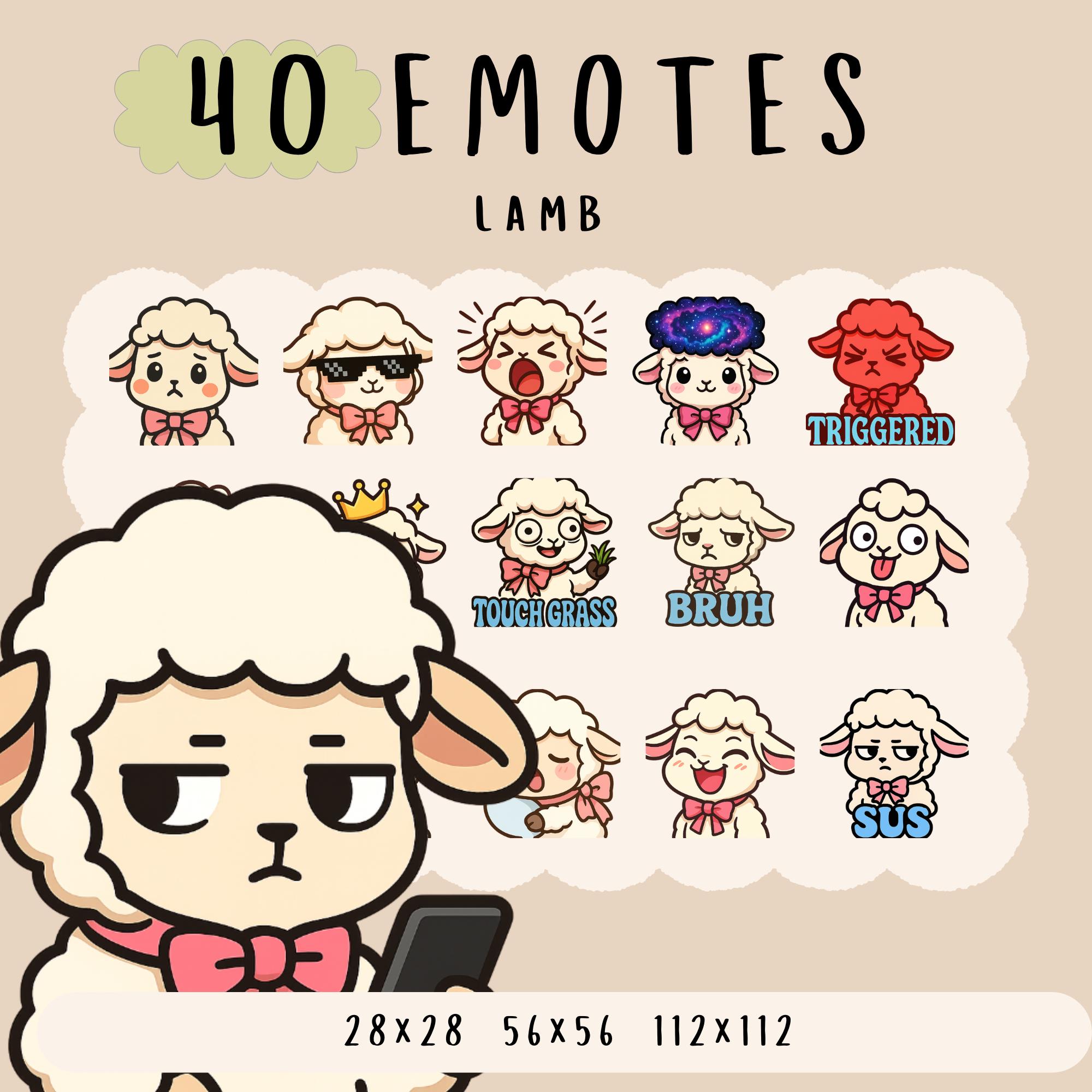 かわいい子羊の絵文字バンドルTwitch、YouTube、Discord絵文字、かわいい面白い羊の絵文字、流行の動物の絵文字、アニメ漫画スタイル