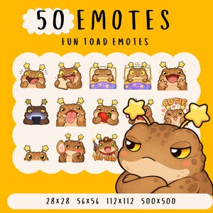 Può includere: Una collezione di 50 simpatiche emote di rospo con varie espressioni, tra cui un rospo arrabbiato con le braccia conserte. Le emote sono visualizzate su uno sfondo giallo con il testo "50 EMOTES" e "FUN TOAD EMOTES". Dimensioni: 28x28, 56x56, 112x112 e 500x500 pixel.