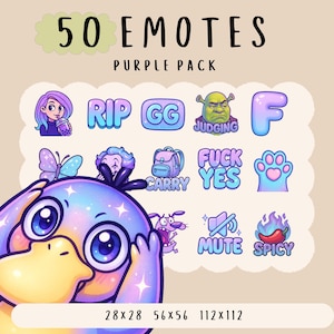 Emote kawaii viola enormi, emote di Twitch per YouTube Discord, emote animate divertenti e carine, emote alla moda, stile cartone animato anime Psyduck