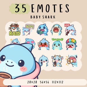 Joli ensemble d'émotes pour bébé requin Kawaii, contraction, youtube, émoticônes discorde, émoticônes mignons requin bleu, émoticônes tendance, style dessin animé anime, mignonne